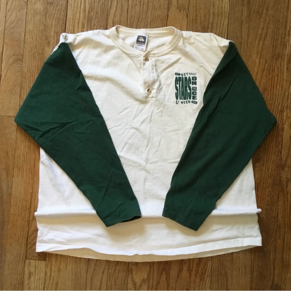Vintage 1995 Long Sleeve Henley Tee in White and Green - Classic Two-Tone Style